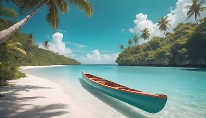 Canoe on the tropical sandy beach. Beautiful summer landscape of tropical island with boat in ocean. Transition of sandy beach into turquoise water. Travel and vacation concept.