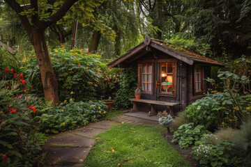 Small green fenced back yard with garden and shed. Gardening tools shed. Generative AI