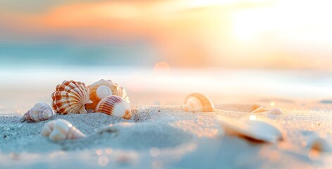 Sandy sunny ocean shore minimalistic background with copyspace, sunset, golden hour, blue water waves, seashells, starfish. Summer advertising beach holiday resort travel concept 