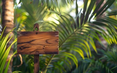 Empty wooden direction sign with copy space for text on tropical beach, ocean coast. Sea, exotic leaves, palms and sky at background. Concept of information, summer holiday vacation resort. Mock up