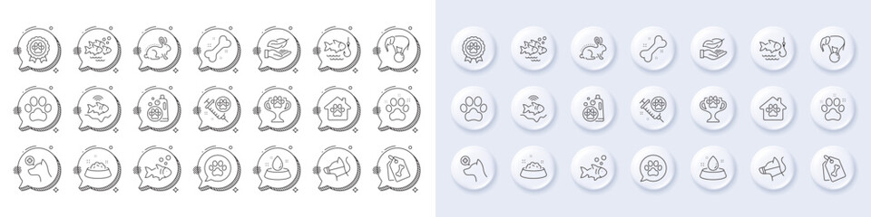 Dog vaccination, Pets care and Fish school line icons. White pin 3d buttons, chat bubbles icons. Pack of Fishfinder, Winner cup, Dog competition icon. Vector