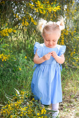 girl draws in nature.  Little girl in a blue dress