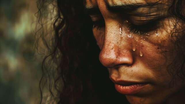 A close-up of a sorrowful woman with tears streaming down her face.