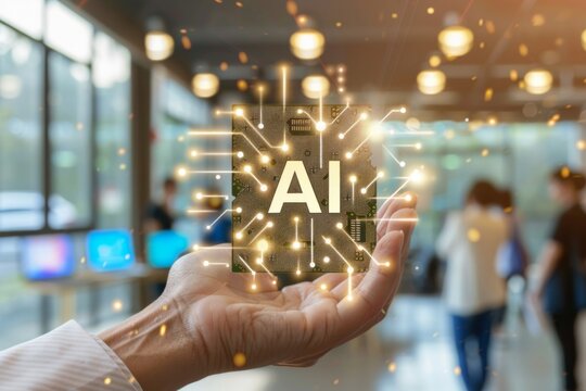 A computer chip gleams, its metallic surface reflecting the glow of artificial intelligence. - Powered by Adobe