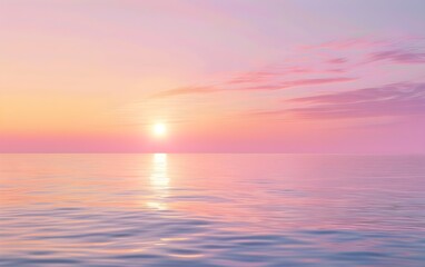 Naklejka na ściany i meble Beautiful sunrise beach scenery with calm waves. Sunset calm sea landscape, colorful ocean. Empty tropical background with copyspace for text, horizon coast view nature sky banner for advertising
