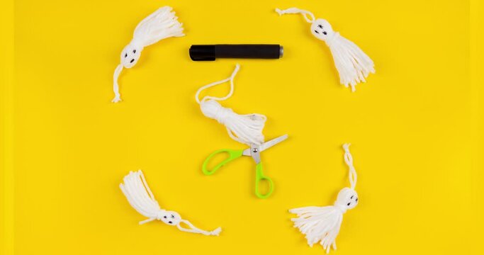 Video instruction of Halloween DIY concept. How to make a cute garland of ghosts out of Knitting. Video presentation.