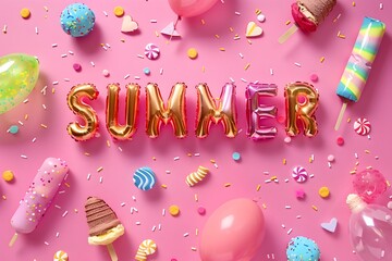 Summer inflatable lettering, 3d letters, colorful word on a pink bright modern background banner template with inflatable pastel sweets, confetti, ice cream, balloons, holiday vacation concept