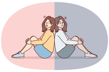 Sad and cheerful girl sit on floor with backs to each other and look at screen. Woman in casual smile after getting rid of depression or ending toxic relationship with boyfriend. Flat vector image