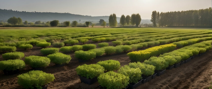 The warmth of the sunset bathes the symmetrical rows of bushy green crops in a gentle golden light