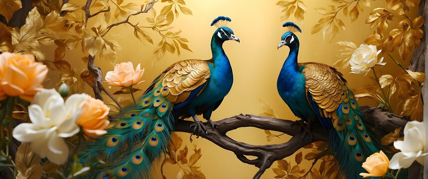 Two majestic peacocks standing amidst a floral setting on a mural, exhibiting vibrance and elegance