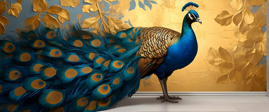A stunning peacock unfurls its elaborate tail feathers against a golden textured wall in a modern setting