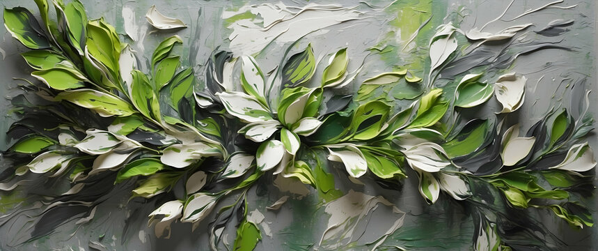 A stunning abstract artwork with green leaves exuding an organic and expressive artistic impression