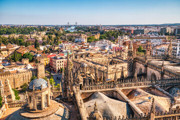 Sevilla Aerial view with Seville Cathedral and other famous places during Beautiful Sunny Day