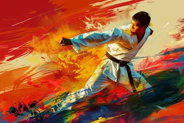 Foto op Plexiglas Modern mix martial art colorful illustration design, MMA digital portraits, eye catching surreal wrestling boxing people surround by vibrant abstract colors, Art painting of karate, fighting warriors © Ishra