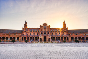 Plaza de Espana in Seville during Sunset, Andalusia - obrazy, fototapety, plakaty