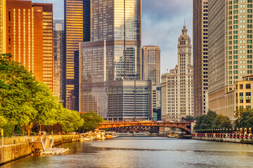 Chicago Downtown Cityscape with Chicago River at Sunrise