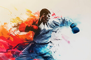 Modern mix martial art colorful illustration design, MMA digital portraits, eye catching surreal wrestling boxing people surround by vibrant abstract colors, Art painting of karate, fighting warriors - obrazy, fototapety, plakaty