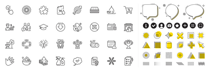 Set of Inflation, Reject certificate and Target line icons for web app. Design elements, Social media icons. Calendar, Frying pan, Vitamin b6 icons. Fan engine, Approved, Petrol canister signs. Vector
