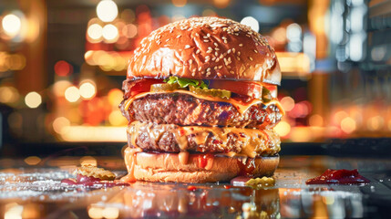 Bacon Cheeseburger with Cheddar & Ketchup Against Lively Bar Background