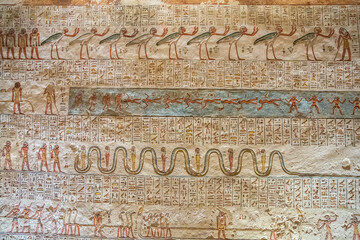 Hieroglyphs and drawings of Egyptian gods, Valley of the Kings, Ancient Egypt © Leo Viktorov