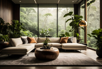 Transport viewers to a modern living room surrounded by a dense rainforest, where raindrops create a soothing soundtrack against the backdrop of lush greenery.
