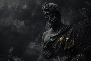 Obraz premium Surreal 3D illustration of an ancient Greek statue made of black marble with gold details. Contemporary art in digital format