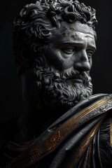 Obraz premium Surreal 3D illustration of an ancient Greek statue made of black marble with gold details. Contemporary art in digital format