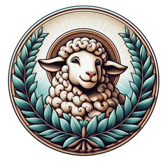 round emblem or logotype of sheep or lamb for pet store, veterinary clinic, exhibition, medal, medallion, animal shelter, website, clothing print, flag, color tattoo, sticker, patch, poster,

