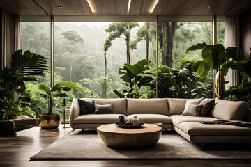 Transport viewers to a modern living room surrounded by a dense rainforest, where raindrops create a soothing soundtrack against the backdrop of lush greenery.
