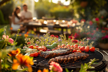 Delicious grilled meat with vegetables sizzling over the coals on barbecue. Family in backgrounds