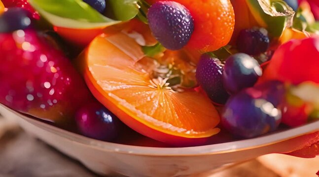 8K Delight: Zoom View of a Vibrant Seasonal Fruit Salad in a Ceramic Bowl