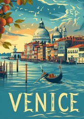 Venice Italia Poster retro style. Grand Canal, gondolier, architecture, vintage card. 