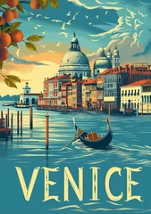 Behangcirkel Venice Italia Poster retro style. Grand Canal, gondolier, architecture, vintage card.  © Lione