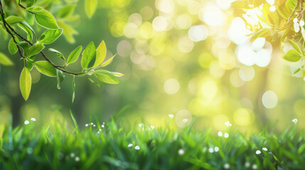 Fototapeta na wymiar Green Leaves, Sunlight, and Bokeh Effect Nature Background