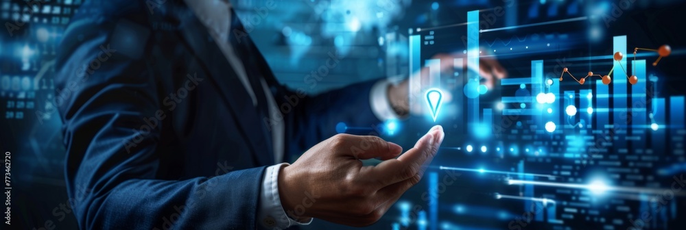 Poster businessman analyzing futuristic data interface - a businessman interacts with a holographic touch s