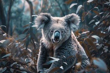 Obraz premium Serene koala bear resting in the wild - A calm and fluffy koala sits among eucalyptus leaves, evoking a peaceful feeling of wildlife in their natural habitat