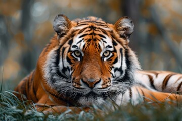 Stern tiger gaze in serene autumn setting - A captivating image of a tiger lying in the grass with autumn leaves, exuding a sense of power and calmness in its gaze