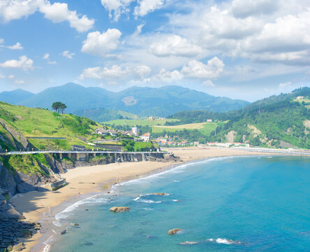 Cantabrian Sea green coast with Deba town, Pais Vasco Spain