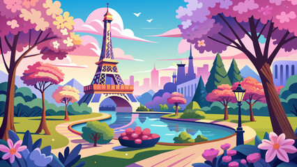 digital-paper-romantic-spring-paris landscape vector illustration  - obrazy, fototapety, plakaty