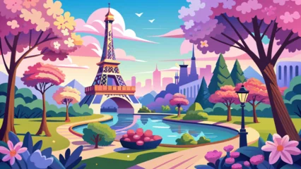 Fotobehang digital-paper-romantic-spring-paris landscape vector illustration  © Jutish