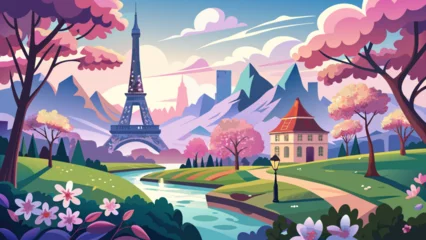 Fotobehang digital-paper-romantic-spring-paris landscape vector illustration  © Jutish