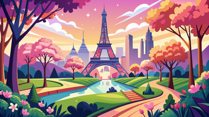 digital-paper-romantic-spring-paris landscape vector illustration 