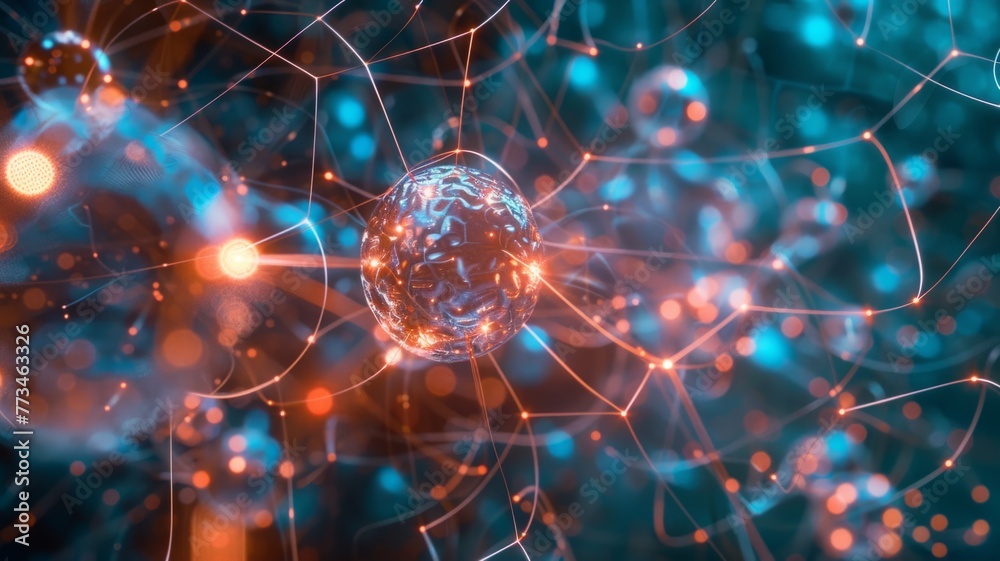 Poster abstract glowing network nodes with connections - a digital sphere with connected lines and dots, il