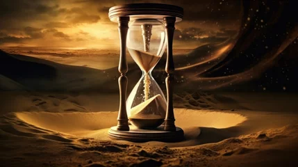 Poster Hourglass in desert at sunset, depicting the passage of time and the beauty of nature in a serene landscape with warm colors and dramatic shadows © evgenia_lo