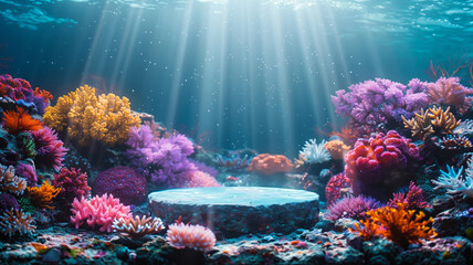 Fototapeta na wymiar empty white podium underwater on colorful corals background with volume rays and caustics for product presentation