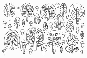 Collection of different trees and mushrooms in flat style. Black and white drawing of trees for coloring. Drawing in linear style. Vector illustration