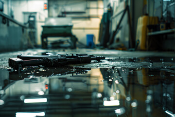 Assault rifle on a reflective wet floor in industrial setting - obrazy, fototapety, plakaty