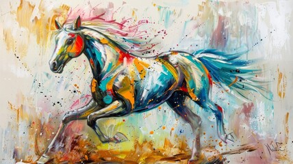 Expressive horse painting with vivid splashes - A dynamic and expressive painting of a horse in motion, adorned with splashes of vibrant colors for a lively effect - obrazy, fototapety, plakaty