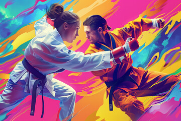 Mix martial art digital portrait, Ethereal wrestling concept Art, eye catching surreal boxing players surround by vibrant and abstract colors, Creative fantasy fighting MMA figure wallpaper concept - Powered by Adobe