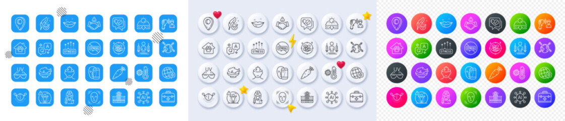 Sun protection, Hospital building and Medical drugs line icons. Square, Gradient, Pin 3d buttons. AI, QA and map pin icons. Pack of Coronavirus injections, Carrot, Lips icon. Vector